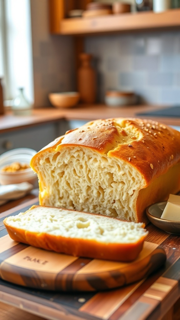 A loaf of gluten-free yogurt bread sliced on a cutting board with butter and a knife.